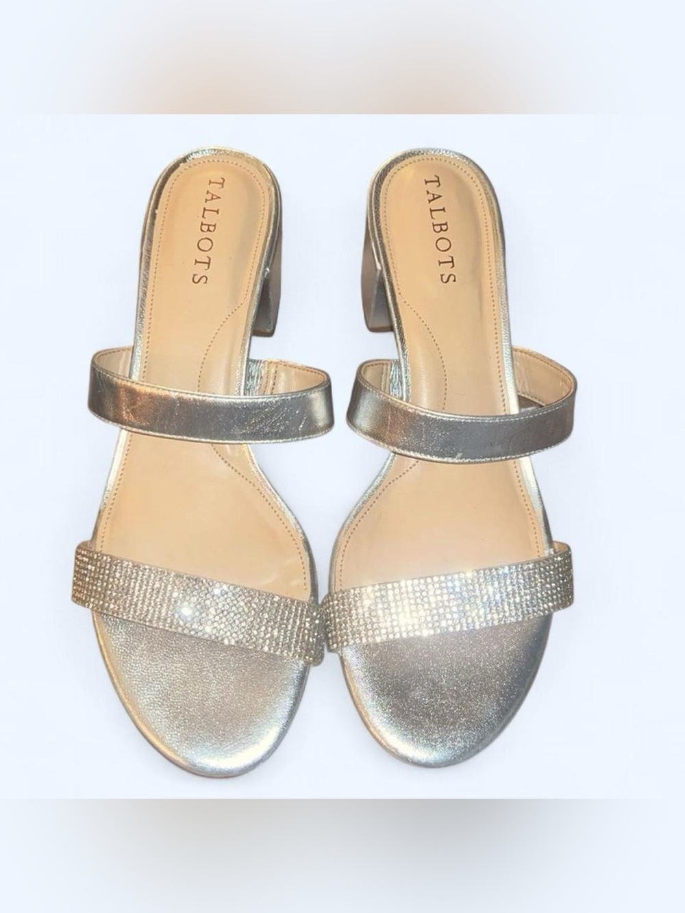 Talbots Silver Metallic Two-Strap Block Heel Sandals